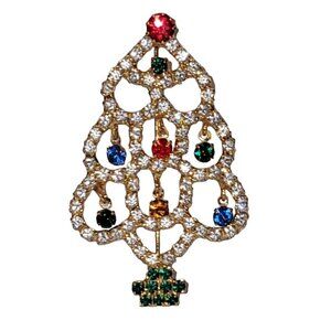 Vintage Gold Tone Prong Set Rhinestone Christmas Tree Dangle Ornament Brooch L28